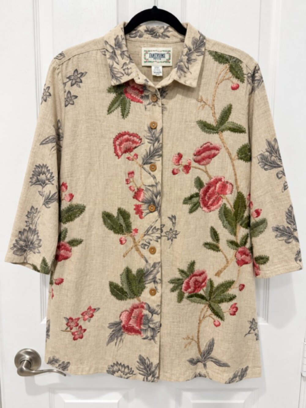 Tantrums Vintage 90s Petite 1X Linen Cotton Floral Embroidered Shirt Boho Cottag